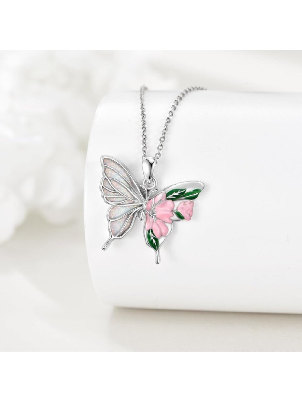 Elegant Butterfly & Dragonfly Necklace - 925 Sterling Silver, Opal & Moss Agate - Picture 4 of 7